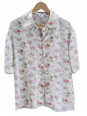 Floral Button Blouse Lightweight Cottagecore Vintage Inspired Short Sleeve Small